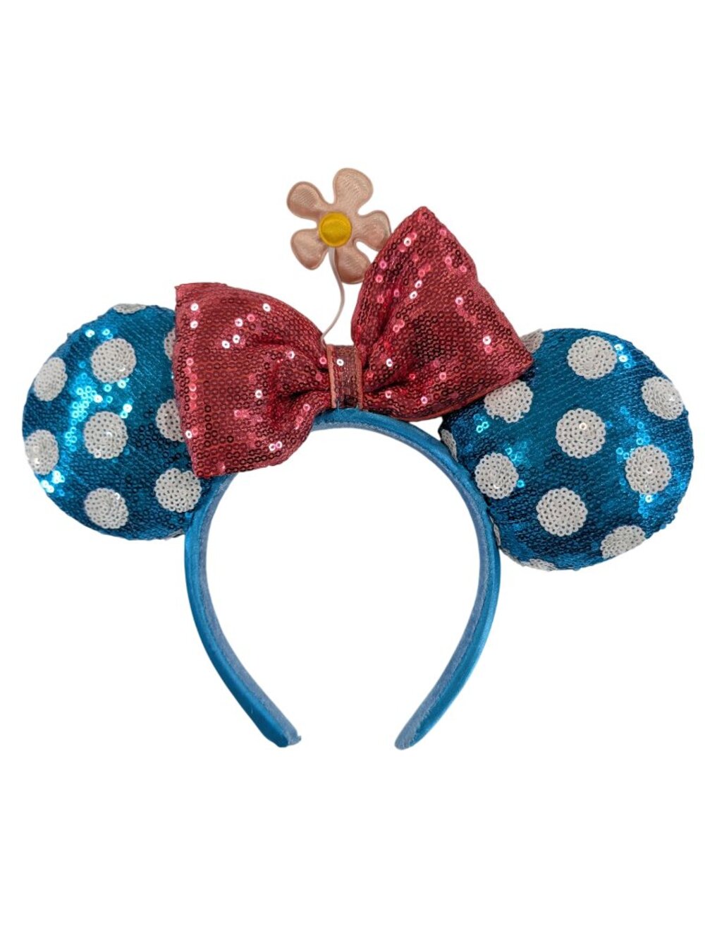 Disney Parks‎ Minnie Mouse Ears Headband Blue Sequin White Polka Dot Flower